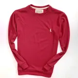 Buzo rojo de punto tipo waffle, con cuello redondo y logo Duxon bordado en el pecho.