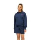 Canguro azul marino de felpa francesa con capucha con cordón ajustable, bolsillo tipo canguro y logo de New Balance bordado en rojo en el pecho y en el short.