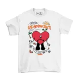 Remera blanca de manga corta con estampado frontal inspirado en el álbum Un Verano Sin Ti de Bad Bunny, presentando un corazón triste, palmeras y elementos playeros.