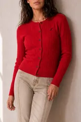 Cardigan tejido de punto con diseño de ochos, color celeste, de manga larga.