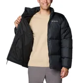 Campera puffer Columbia modelo Puffect III, color negro, con cierre frontal completo, cuello alto, bolsillos laterales con cierre y logo de la marca bordado en el pecho.