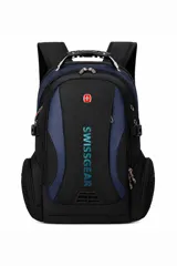 Mochila urbana Swissgear de diseño ergonómico, con múltiples compartimentos con cierre, bolsillos laterales de malla y asa superior reforzada. Presenta una combinación de colores negro y azul con el logo de la marca en el frente.