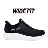 Championes deportivos Skechers Slip-Ins Bobs Squad Chaos Tough Walk, color negro con suela blanca. Diseño de calce fácil con cordones elásticos, capellada de malla y plantilla Memory Foam. Horma ancha (Wide Fit).