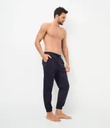 Pantalón de pijama tipo jogger para hombre, confeccionado en tejido plush suave y abrigado. Presenta un diseño estampado a cuadros, cintura elástica con cordón de ajuste y puños elásticos en los tobillos.