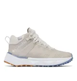 Bota de senderismo Columbia modelo Facet 75 Equinox, color beige con detalles en blanco y suela con relieve en tonos azul y marrón. Presenta tecnología impermeable OutDry, forro térmico Omni-Heat Infinity y refuerzos de TPU para mayor estabilidad.