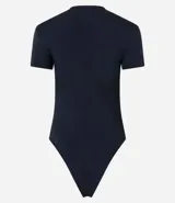 Body de cuello redondo y manga corta, confeccionado en tejido de poliamida con elastano. Presenta un diseño liso y ajustado al cuerpo con cierre en la entrepierna.