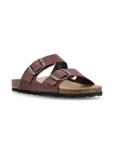 Sandalias tipo Birkenstock de cuero color bordó, con dos tiras ajustables con hebillas metálicas envejecidas, plantilla anatómica de corcho y suela de goma negra.