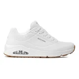 Championes Skechers Street Uno Stand on Air, color blanco con suela marrón. Capellada de cuero sintético liso y perforado, plantilla Air Cooled Memory Foam y media suela con cámara de aire visible Skech-Air.