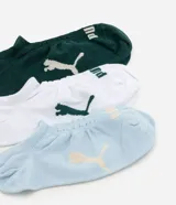 Pack de tres pares de medias invisibles de la marca Puma, confeccionadas en algodón. Cuentan con diseño liso, talón y punta reforzados, y puño elástico discreto con el logo de la marca en la puntera y el lateral.