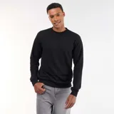 Buzo liso de felpa francesa color negro, con cuello redondo, mangas largas y puños y cintura elastizados de ajuste acanalado.