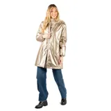 Campera de corte regular en color dorado metalizado, con cierre frontal, capucha y forro interior de piel sintética. Presenta bolsillos laterales abiertos y puños elásticos.