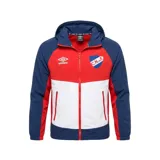 Campera deportiva Umbro del Club Nacional de Football, modelo Summit. Diseño tricolor con capucha, cierre frontal completo y bolsillos laterales con cierre.