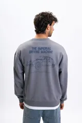 Buzo de cuello redondo y corte oversize, color violeta grisáceo, con estampa gráfica en la espalda que incluye un automóvil y el texto 'The Imperial Driving Machine'.