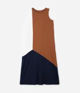 Vestido largo sin mangas, con bloques de color marrón, blanco y azul marino.