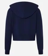 Campera de punto azul marino, con capucha ajustable con cordón, cierre frontal de cremallera y bajo ajustado.