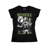 Remera negra de corte entallado con estampa frontal de la película Beetlejuice en tonos verdes y blancos.
