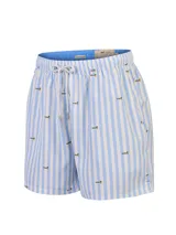 Short de baño con diseño de rayas verticales celestes y blancas, adornado con un pequeño estampado repetido de patos. Cuenta con cintura elástica, cordón ajustable blanco y bolsillos laterales.