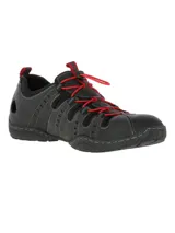 Sandalia deportiva de cuero color negro con cordones elásticos rojos y suela de goma.