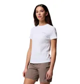 Remera de senderismo Columbia Diamond Peak, de color blanco y manga corta, con tecnología Omni-Freeze y Omni-Shade para protección solar y enfriamiento avanzado.