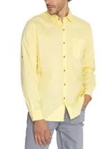 Camisa de manga larga de algodón orgánico color amarillo, con cuello abotonado, cierre frontal de botones, bolsillo en el pecho con logo bordado y mangas ajustables.