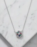 Collar de plata 925 con cadena fina y dije central en forma de flor, decorado con circonias multicolor y pavé de circonias blancas.