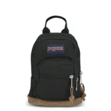 Mochila pequeña Jansport Right Pack Mini, color negro, con base inferior de gamuza marrón. Presenta un compartimento principal con cierre y un bolsillo frontal con cierre. Incluye asa superior para colgar.