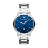 Reloj de pulsera Emporio Armani modelo Ruggero con caja de acero inoxidable plateado de 43 mm y esfera azul con acabado sunray. Presenta manecillas e índices plateados, ventana de fecha a las 6 y correa de acero inoxidable con cierre desplegable.