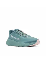 Zapatilla de running y senderismo Columbia Konos Featherweight para mujer, color verde azulado con detalles en rosa pálido en la suela. Presenta una parte superior tejida jacquard transpirable, entresuela TechLite+™ y suela Omni-Grip™ con sistema de amortiguación Omni-MAX™. El lateral lleva el logo de Columbia en blanco.