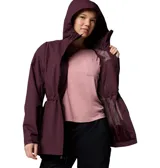 Campera impermeable larga Columbia modelo Hikebound II Long, color bordó, con capucha ajustable, cierre frontal con solapa, cintura ajustable con cordón y bolsillos con cierre. Cuenta con tecnología Omni-Tech.