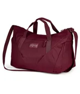 Bolso deportivo tipo duffel de la marca Jansport, color bordó, con compartimento principal con cierre, asas de mano y correa ajustable para el hombro.