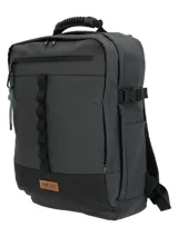 Mochila y maletín RKF de poliéster reciclado resistente al agua, en color gris oscuro con base negra. Cuenta con asa superior de goma reforzada, múltiples compartimentos con cierre impermeable, bolsillo para laptop y detalles en cordón verde con mosquetón.