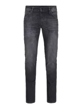 Jean de corte slim con tiro bajo, confeccionado en denim de color negro con efecto lavado. Presenta diseño clásico de cinco bolsillos y cierre frontal con botón.