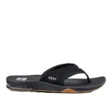 Ojotas Reef Fanning negras con suela marrón y logo de la marca en la tira.