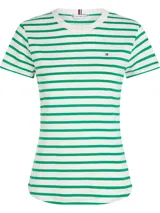 Blusa de manga corta Tommy Hilfiger con diseño de rayas horizontales verdes y blancas, cuello redondo y el logo bordado en el pecho.