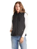 Chaleco capitoneado de color negro con diseño acolchado en forma de rombos. Presenta capucha integrada con cordones de ajuste, cierre frontal completo y bolsillos laterales con cierre a presión.