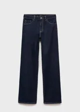 Jeans Danila de corte wide leg, tiro alto y color azul oscuro, con diseño clásico de cinco bolsillos, trabillas para cinto y cierre frontal con cremallera y botón.