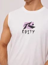 Musculosa blanca con estampado del logo de Rusty en el frente y la espalda, corte holgado.