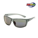 Lentes de sol MDQ modelo Atan, con montura rectangular gris translúcido y lentes espejadas grises.