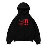 Hoodie oversize negro con capucha y bolsillo canguro frontal. Estampado frontal en rojo que simula un logo estilizado junto a dos signos de exclamación.