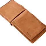 Billetera plegable de cuero color marrón, con diseño compacto y funcional. Incluye sistema 2 en 1 con billetera interna extraíble, múltiples ranuras para tarjetas, ventana transparente para identificación y protección RFID.