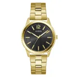 Reloj analógico Guess modelo Chip con caja y brazalete de acero inoxidable en tono dorado. Presenta una esfera negra de 40 mm con acabado sunray, índices dorados y movimiento de cuarzo.