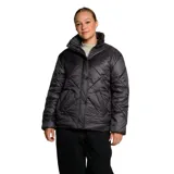 Campera puffer negra con cuello alto y cierre frontal.