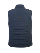 Chaleco acolchado acolchado azul marino de la marca RKF, con diseño de cuello alto, cierre frontal completo y bolsillos laterales. Confeccionado con nylon y spandex, y relleno de poliéster reciclado.