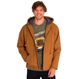 Chaqueta de lona color marrón con interior forrado en sherpa, capucha ajustable con cordones, cierre frontal de cremallera, bolsillo con cierre en el pecho y bolsillos laterales. Cuenta con puños interiores antitormentas y costuras reforzadas.