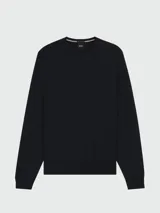 Buzo de punto fino con cuello redondo y mangas largas, confeccionado en lana virgen. Presenta un diseño minimalista con el logo de la marca bordado sutilmente en el pecho.