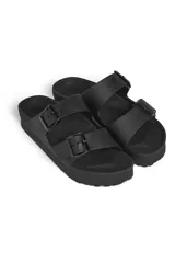 Sandalias de goma con hebillas ajustables, disponibles en color negro, verde militar, plateado y dorado.