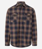Camisa de manga larga confeccionada en franela de algodón, con diseño de cuadros en tonos marrones y azul marino. Presenta cuello inglés, cierre frontal con botones y dos bolsillos con solapa en el pecho.