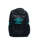 Mochila Umbro Komo color negro con detalles en turquesa, logo estampado en el frente y bolsillos laterales de red.