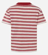 Remera femenina Marfinno de manga corta, confeccionada en mezcla de algodón y poliéster. Presenta un diseño de rayas horizontales, cuello redondo acanalado en color rojo y corte recto.