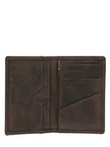 Billetera tipo tarjetero bifold de cuero marrón con costuras visibles y relieve de pato en la esquina inferior.